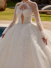 Gergeous Sheer Tulle Beautiful Long Sleeve Collar Neck Wedding Dress