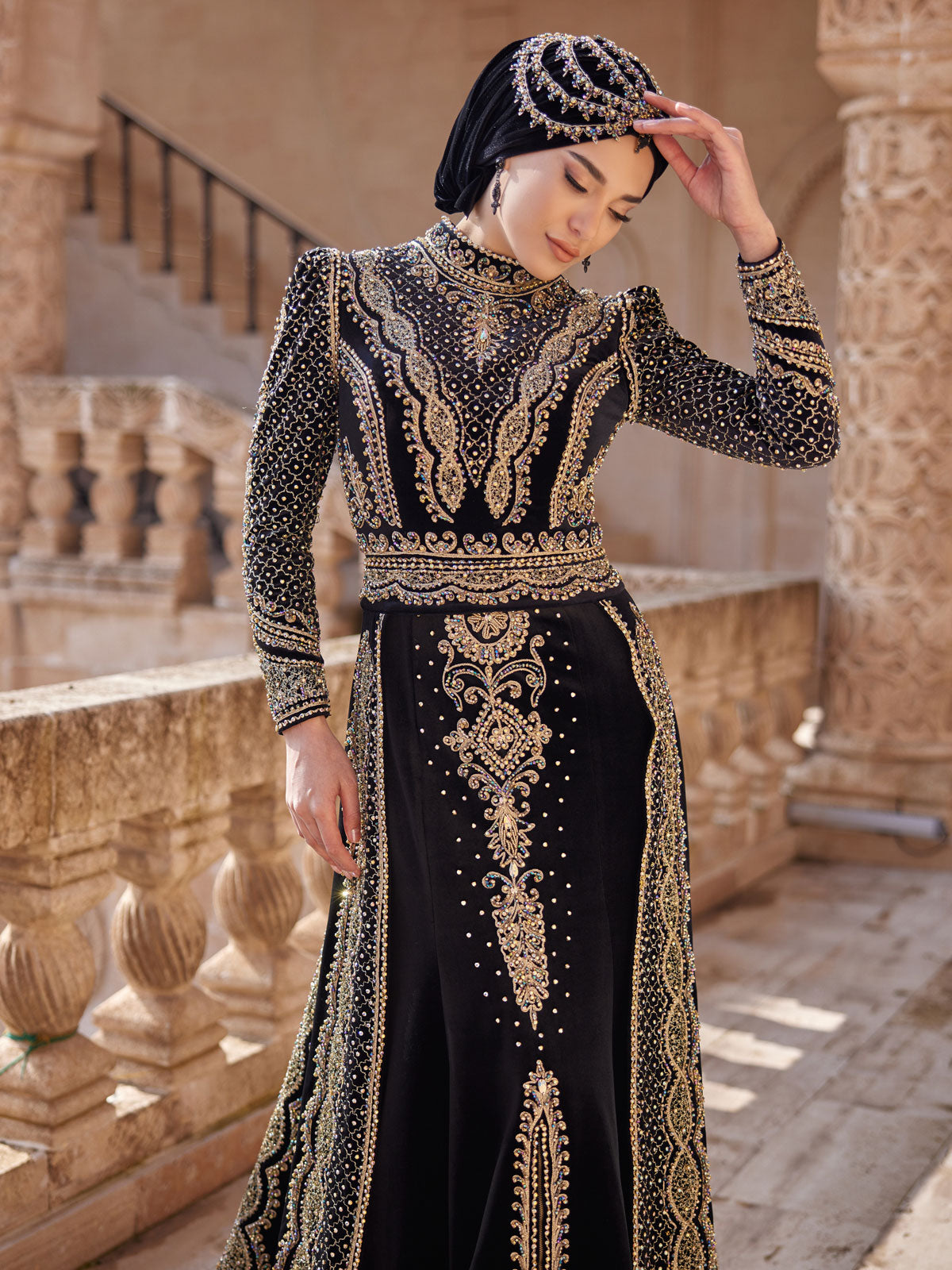 buy Black Velvet Mermaid Detachable Skirt Henna Kaftan Dress With Long Embellished Sleeves kaftans online