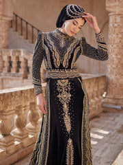 buy Black Velvet Mermaid Detachable Skirt Henna Kaftan Dress With Long Embellished Sleeves kaftans online