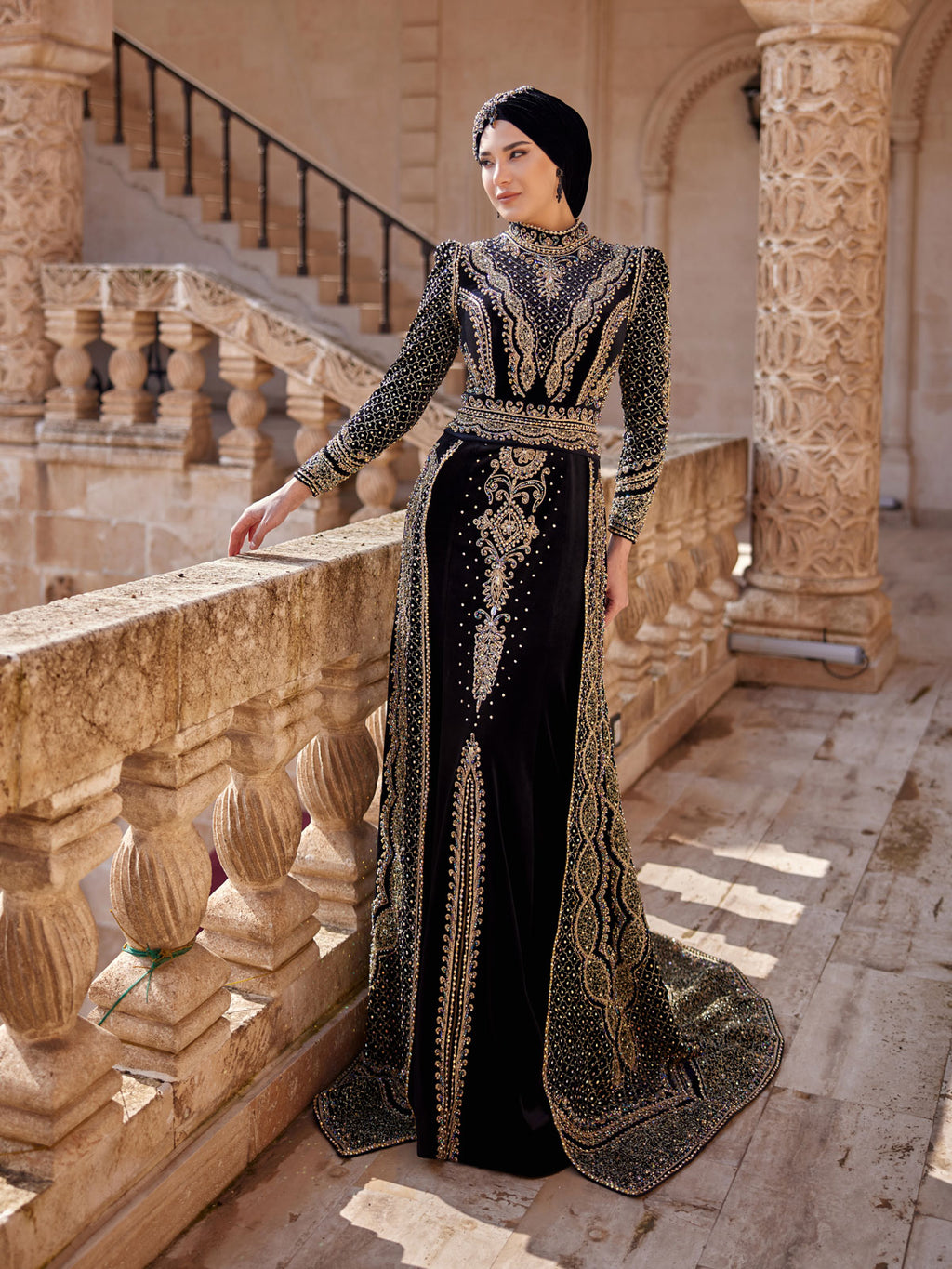 open lace back dress Black Embroidered Fancy Long Sleeve Mermaid Hijab Henna Party Kaftan Dress