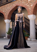 Black velvet A-line henna dress featuring refined handmade beadwork, a strapless silhouette, and a handcrafted crown and necklace set.