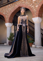 Black velvet A-line henna dress featuring refined handmade beadwork, a strapless silhouette, and a handcrafted crown and necklace set.