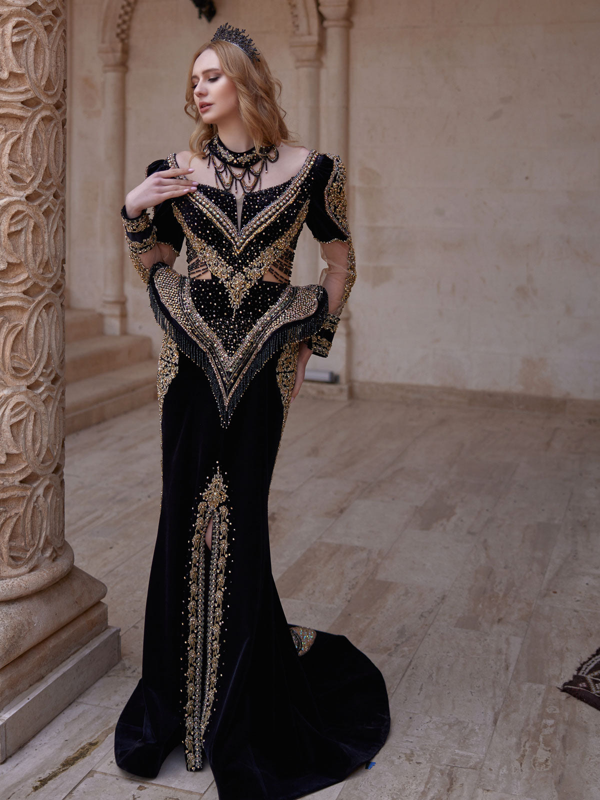 buy luxury Stylish Designer Black Mermaid Scoop Neck Front Slit Invitation Dress With Low Cut online party dresses boutique