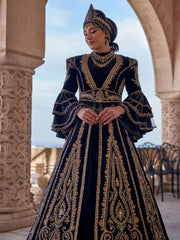 Elegant Black Velvet Hurrem Frill Long Sleeve A Line Kaftan Henna Party Dress