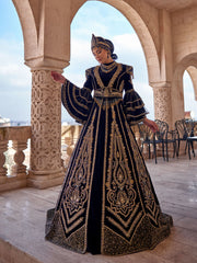 Elegant Black Velvet Hurrem Frill Long Sleeve A Line Kaftan Henna Party Dress