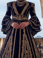 Elegant Black Velvet Hurrem Frill Long Sleeve A Line Kaftan Henna Party Dress