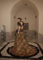Black Gold Embroidered Layered Traditional Long Party Dress With Detachable Skirt