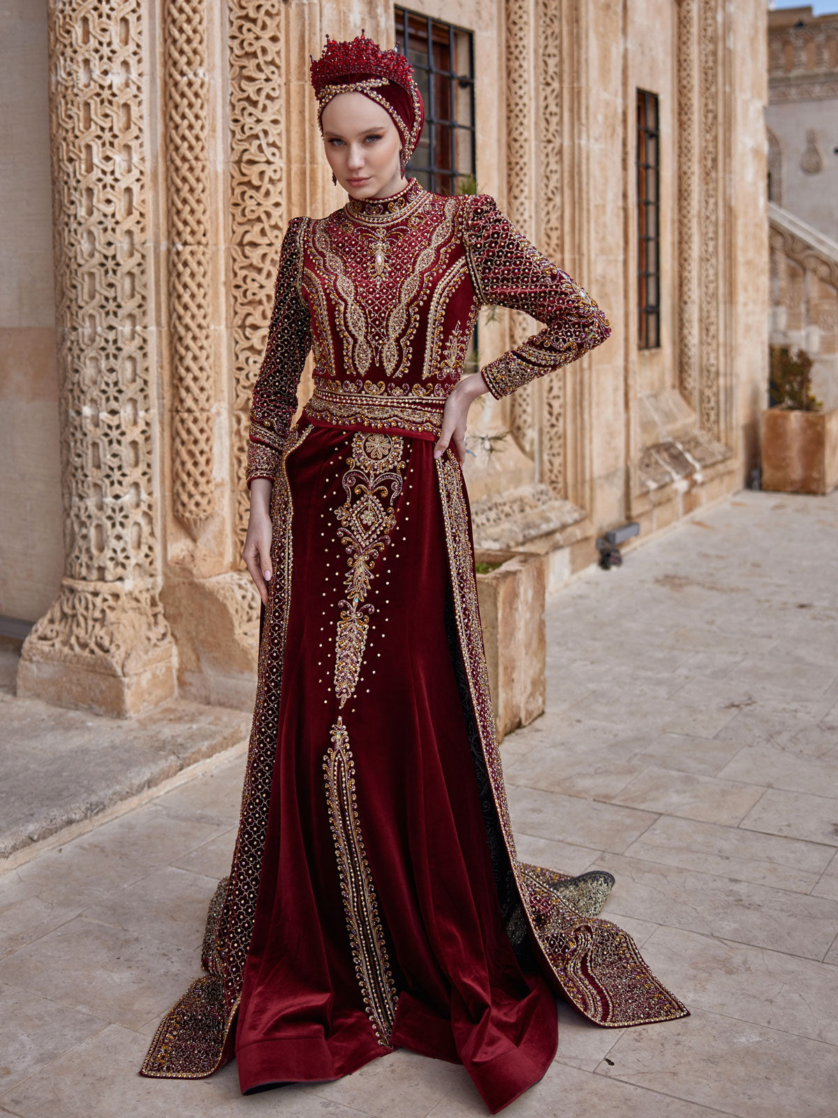 buy Burgundy Velvet Gold Lace Apllique Beaded Muslim Wedding Kaftan Gown online henna boutiques
