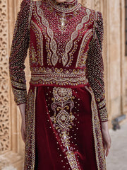 Burgundy Velvet Gold Lace Apllique Beaded Muslim Wedding Kaftan Gown
