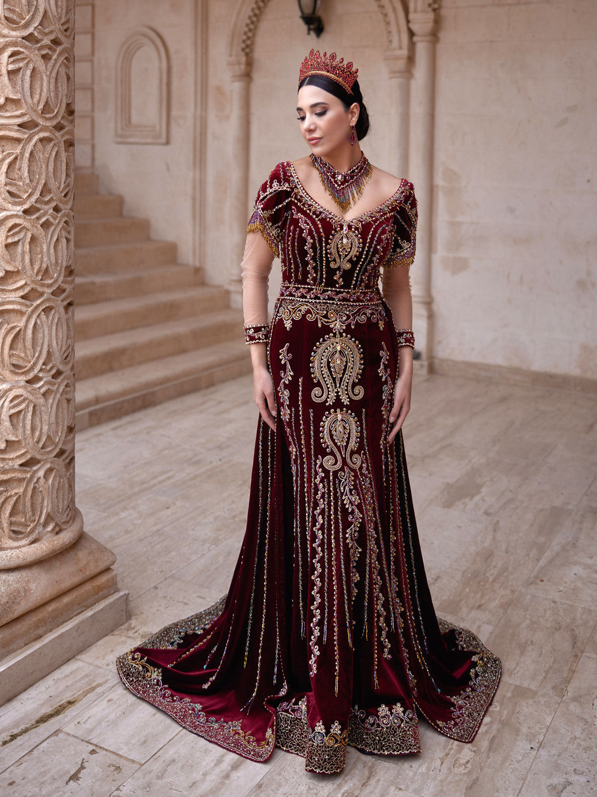 buy stunning plus size Exclusive Crystal Beadings Mermaid Embellished Neck İllusion Sleeve Kaftan Party Dress online shopping