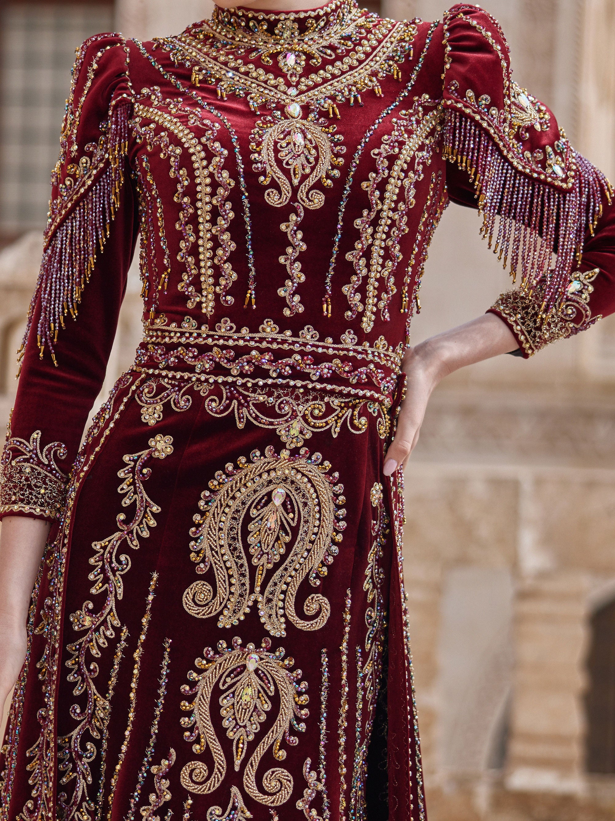 Burgundy Red Velvet Turtle Neck İslamic Henna Hijab Long Dress With Sl – Sultan Dress