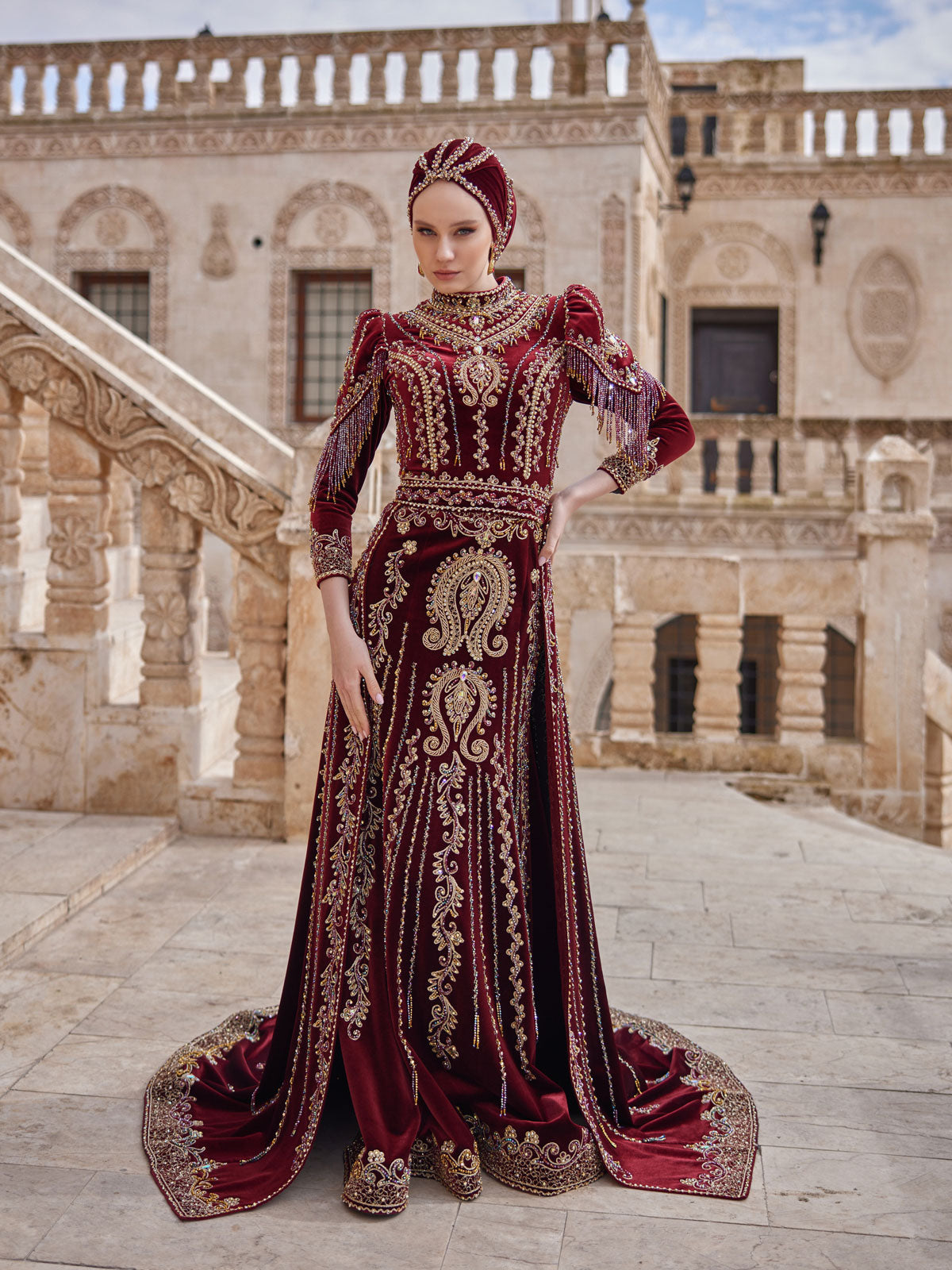 Burgundy Red Velvet Turtle Neck İslamic Henna Hijab Long Dress With Sleeves 42
