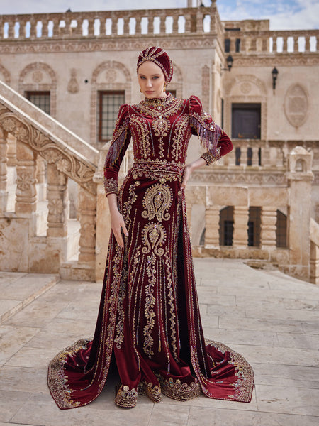 Burgundy Red Velvet Turtle Neck slamic Henna Hijab Long Dress With Sleeves