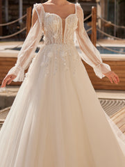 Flower Lace Romantic Bohemian Fancy Long Sleeve Tulle Bridal Dress