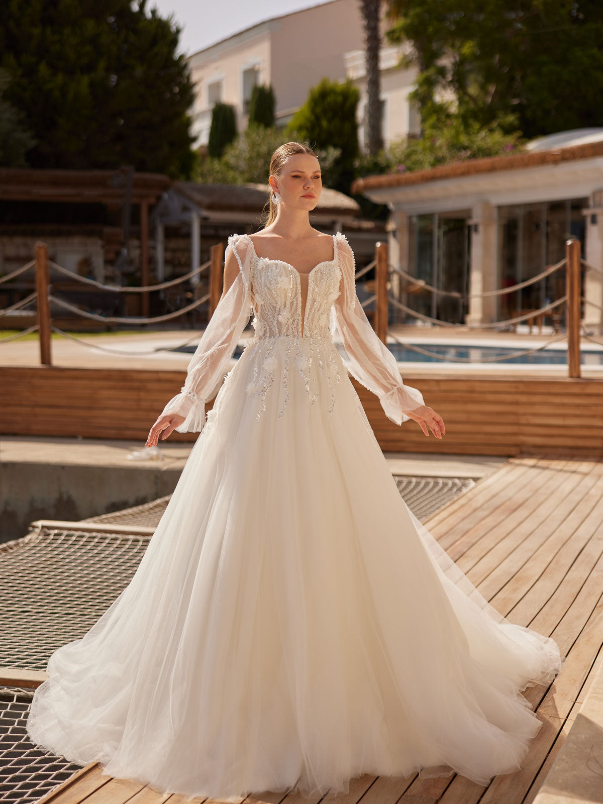 Flower Lace Romantic Bohemian Fancy Long Sleeve Tulle Bridal Dress 38
