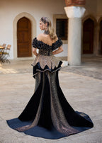 Couture black velvet henna dress with a detachable overskirt, graceful medium-length train, off-the-shoulder puff sleeves, and elegant mermaid silhouette.