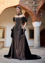 Elegant black henna dress with extensive hand-sewn gold and black bead embroidery, refined mermaid silhouette, and couture craftsmanship.