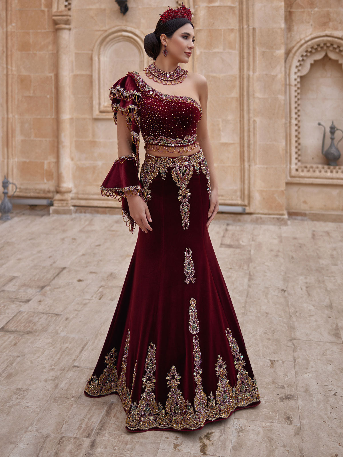 buy cheap plus size Fancy Burgundy One Shoulder Mermaid Beaded Two Piece Henna Night Dress online boutiques