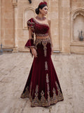 buy cheap plus size Fancy Burgundy One Shoulder Mermaid Beaded Two Piece Henna Night Dress online boutiques