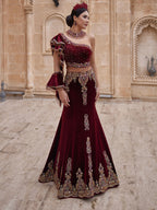 buy cheap plus size Fancy Burgundy One Shoulder Mermaid Beaded Two Piece Henna Night Dress online boutiques