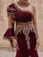 Fancy Burgundy One Shoulder Mermaid Beaded Two Piece Henna Night Dress