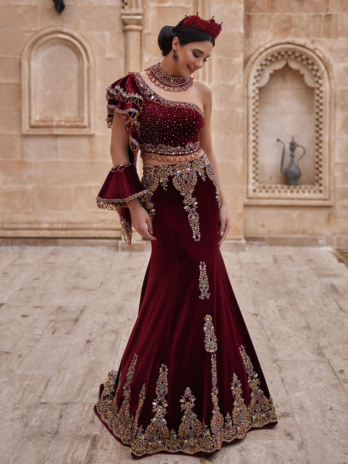 Fancy Burgundy One Shoulder Mermaid Beaded Two Piece Henna Night Dress Sultan Dress