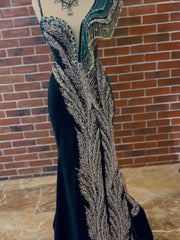 Designer Fancy Emerald Velvet Mermaid Henna Gown With Detachable Skirt