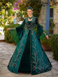 Full-length front view of the emerald green rhinestone embellished long frill sleeve henna dress with matching crown by Sultan Dress.