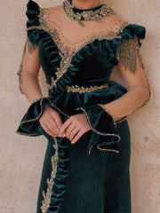 Elegant Emerald Illusion Sleeve Velvet Front Slit Ottoman Mermaid Caftan