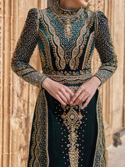 Emerald Velvet Turtle Neck Hijab Henna Formal Caftan Dress With Detachable Skirt