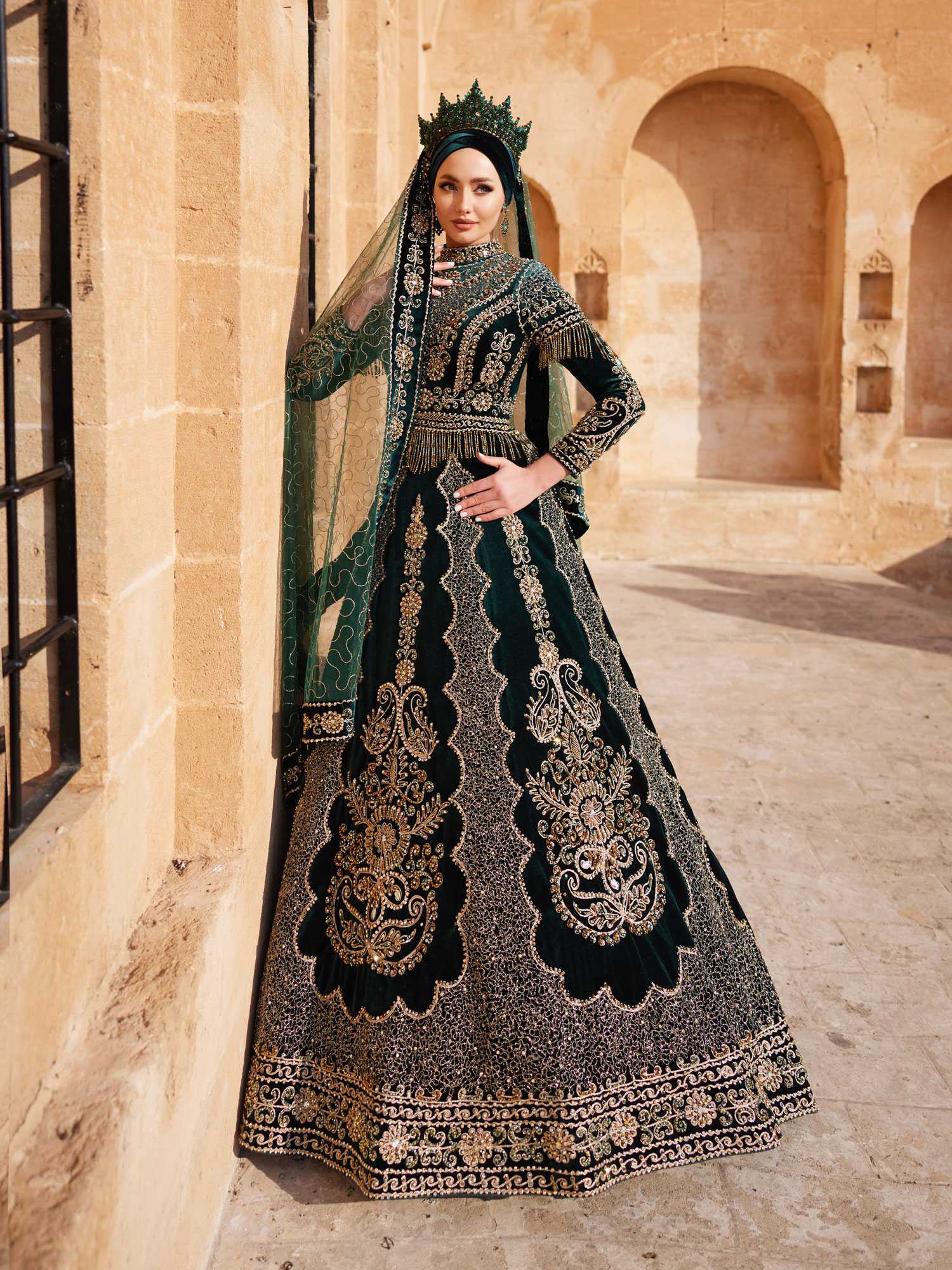 cheap beautiful green gold beaded velvet muslim henna dress gown online for petite brides