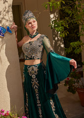 buy Emerald Green One Shoulder Embroidered Kaftan Henna Party Dress online websites