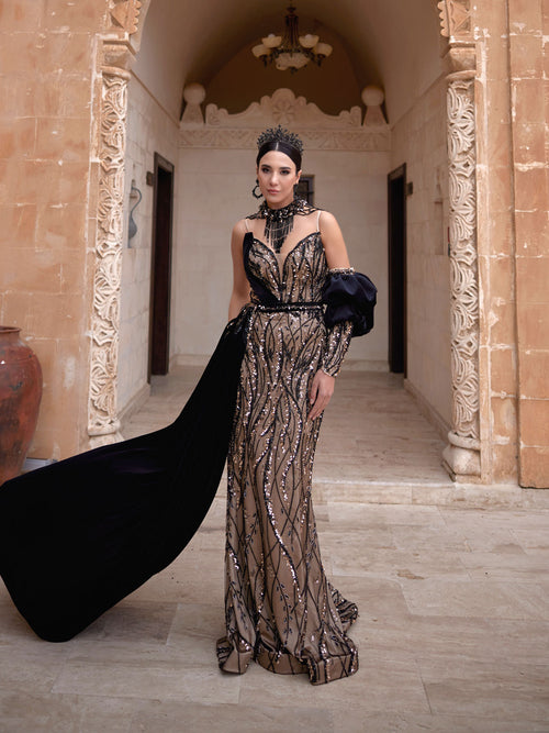formal gold and black dress Black Long Gold Sequins Fitted Deep V Neck Ruffle Sleeve Formal Dress –  Sultan Dress