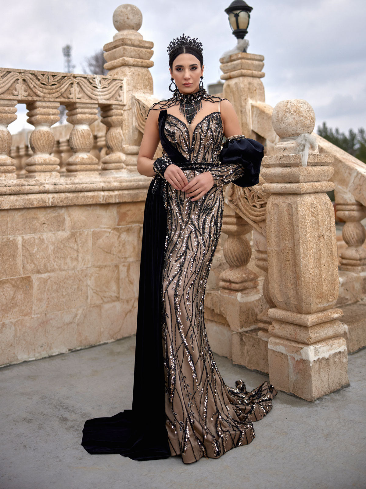 Black Long Gold Sequins Fitted Deep V Neck Ruffle Sleeve Formal Dress 38