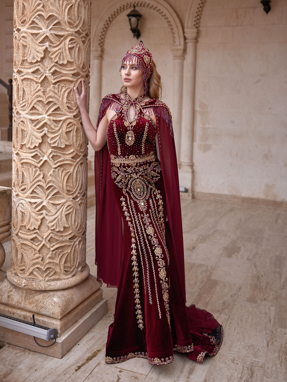 buy plus size Burgundy Gold Embroidered Cape Sleeve Long Mermaid Turkish Henna Dress kaftans online shop