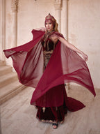 Burgundy Gold Embroidered Cape Sleeve Long Mermaid Turkish Henna Dress
