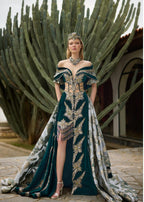 Green Velvet Mermaid Henna Party Dress with Gold Lace