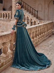 Stylish Elegant Green Velvet Hurrem Henna Night Wedding Dress With Illusion Sleeves