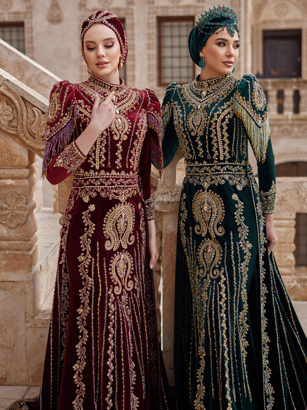 buy elegant Emerald Green Muslim Women Long Gold Beaded Hijab Engagement Dress With Detachable Chapel Train online party ottoman caftan shop