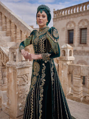 Green Velvet İslamic Gold Embroidered Beaded Hijab Engagement Party Dress