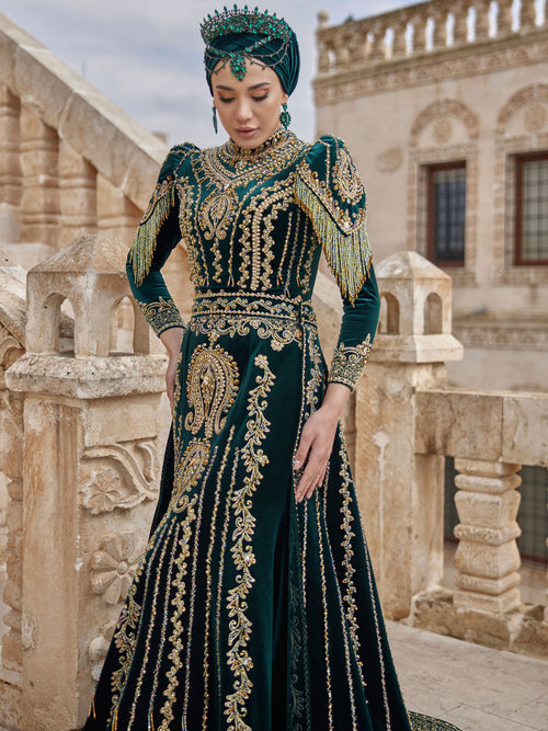 long sleeve engagement party dress for bride Green Velvet İslamic Gold Embroidered Beaded Hijab Engagement Party Dr –  Sultan Dress
