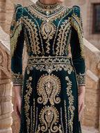 Green Velvet İslamic Gold Embroidered Beaded Hijab Engagement Party Dress