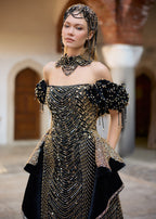 Handcrafted bridal crown and matching necklace designed for a luxury black velvet henna dress with intricate bead embellishments.