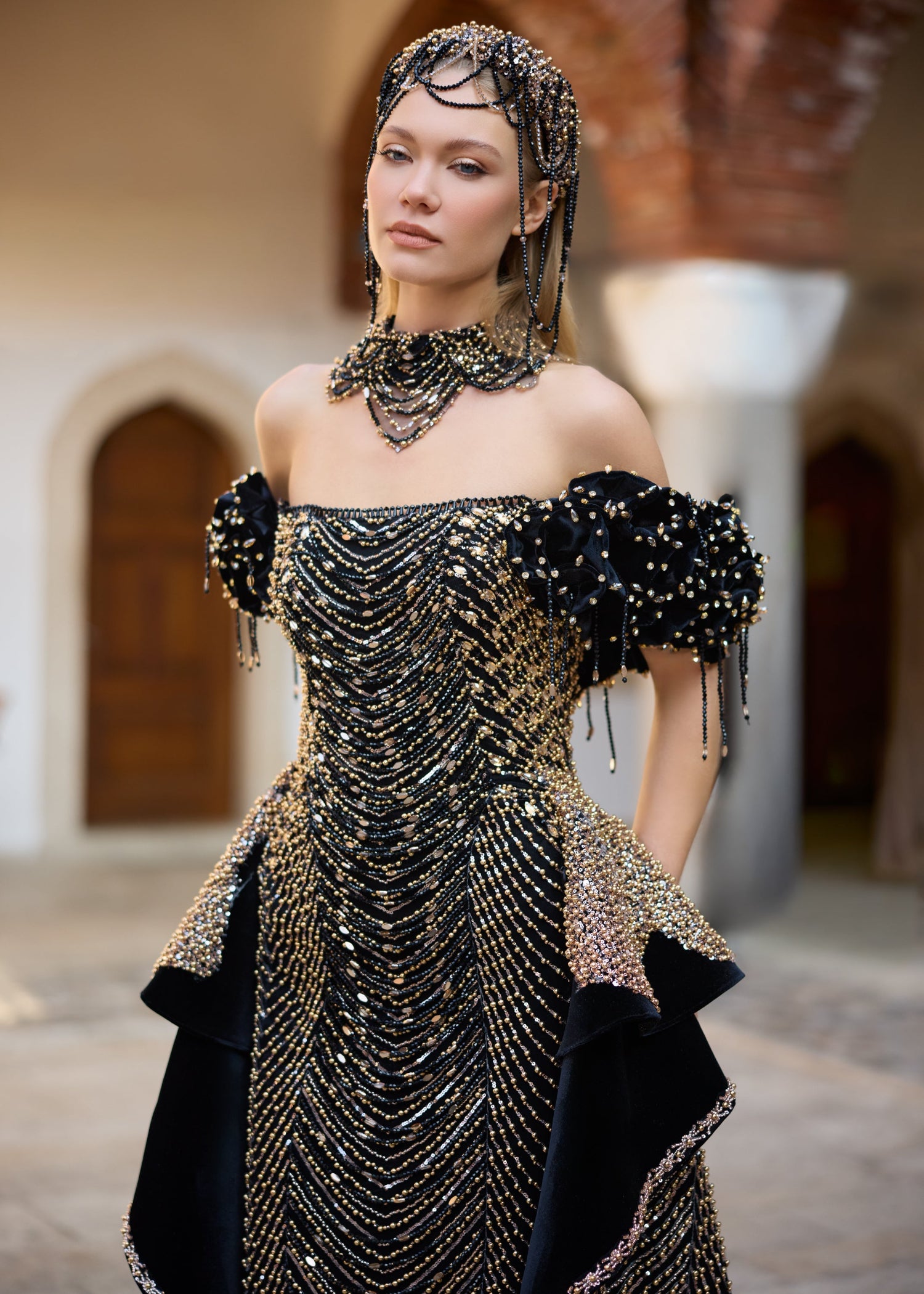 Handcrafted bridal crown and matching necklace designed for a luxury black velvet henna dress with intricate bead embellishments.
