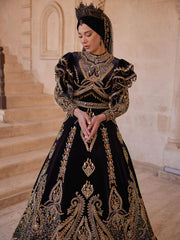 Ottoman Islamic Black Gold Embellished A Line Hijab Henna Party Gown
