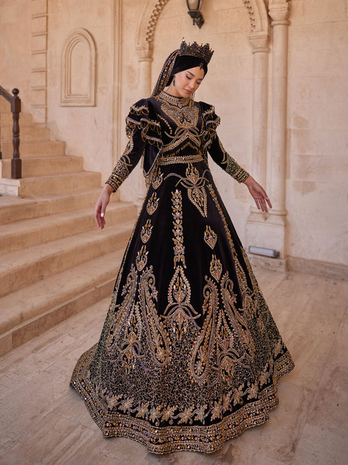 arabic evening dresses online Ottoman Islamic Black Gold Embellished A Line Hijab Henna Party Gown – Sultan Dress Below Knee Dress | SCV009605_WR_S this dress is fit Style:D999ATWGRNSLJY