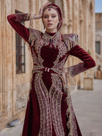 Burgundy Gold Lace Applique Mermaid Fitted Detachable Train Formal Henna Kaftan Dress