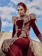 Burgundy Gold Lace Applique Mermaid Fitted Detachable Train Formal Henna Kaftan Dress
