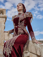 Burgundy Gold Lace Applique Mermaid Fitted Detachable Train Formal Henna Kaftan Dress