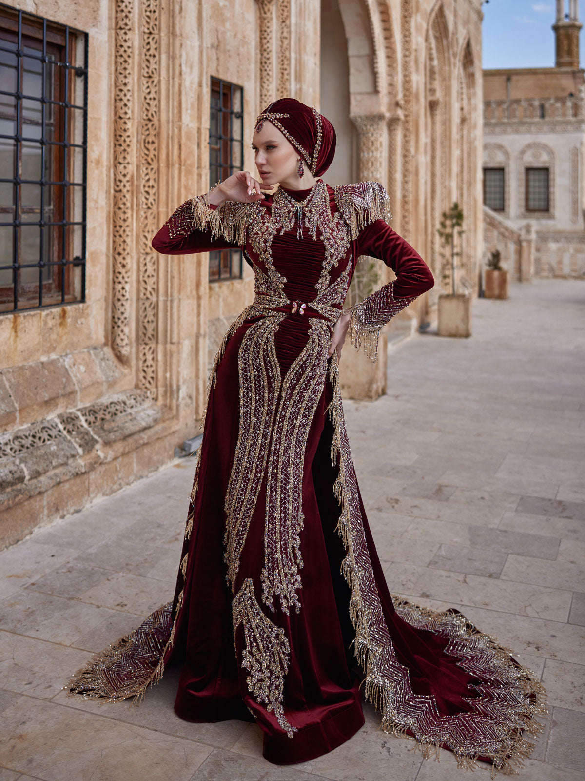 Burgundy Gold Lace Applique Mermaid Fitted Detachable Train Formal Henna Kaftan Dress 40
